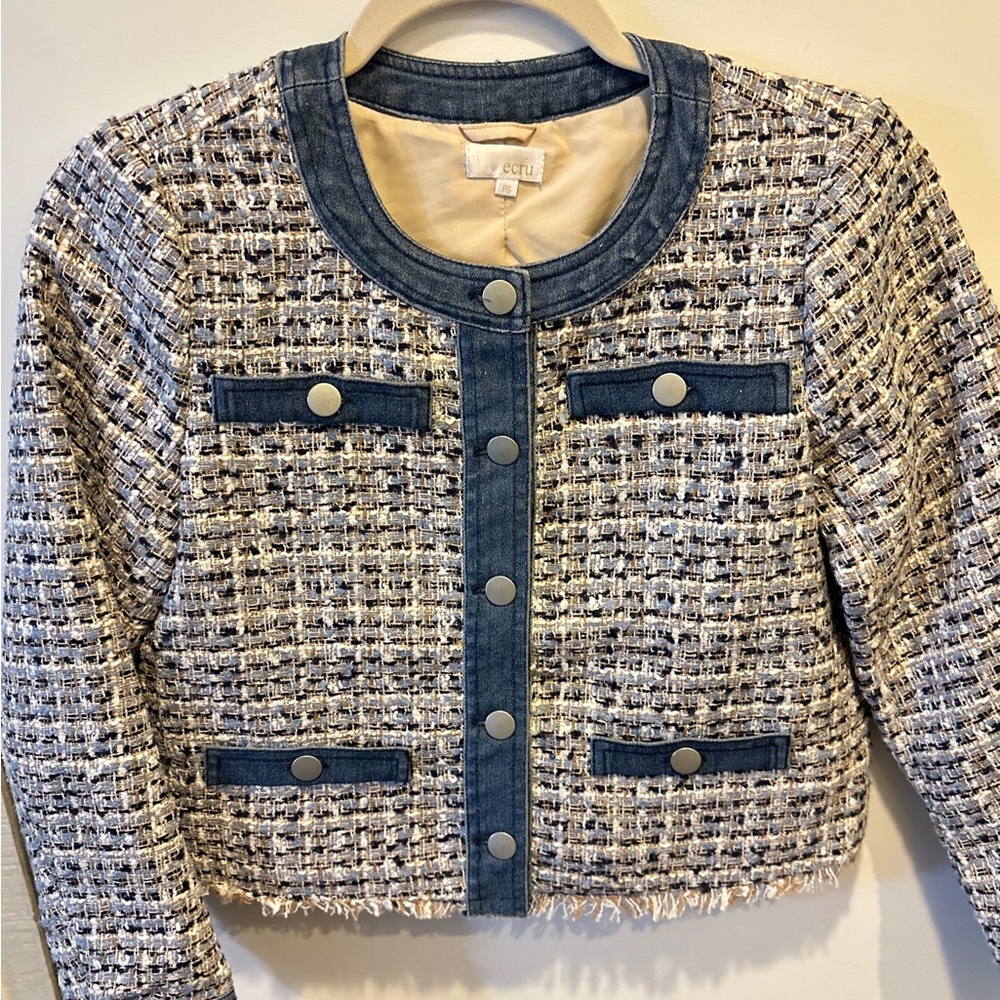 ecru Black and White Tweed Blazer with Black Trim